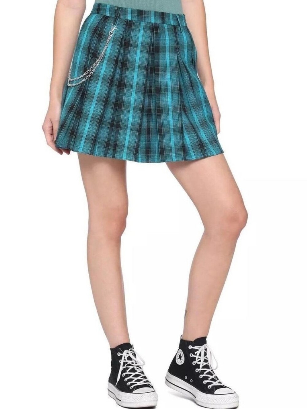 Hot Topic Teal Plaid Pleated Mini Skirt Size Small